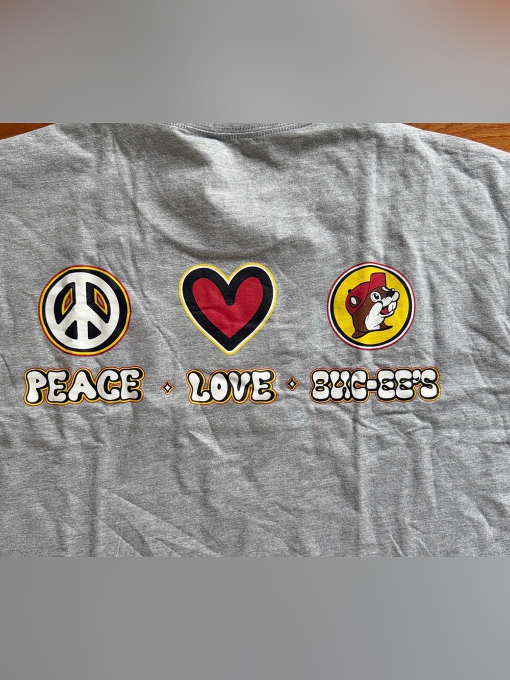 Peace Love Buc-ee’s XL Gray Short-Sleeve Buc-ee's Mascot